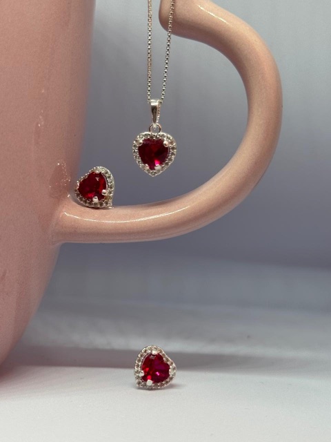 Conjunto de Pratas 925 Coração Rosa Cravejado